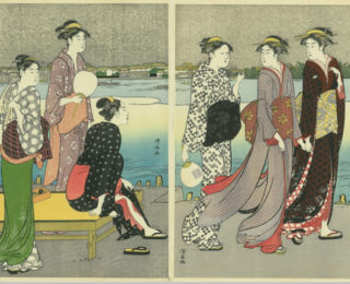Kiyonaga Large Diptych Enjoying the Evening Cool