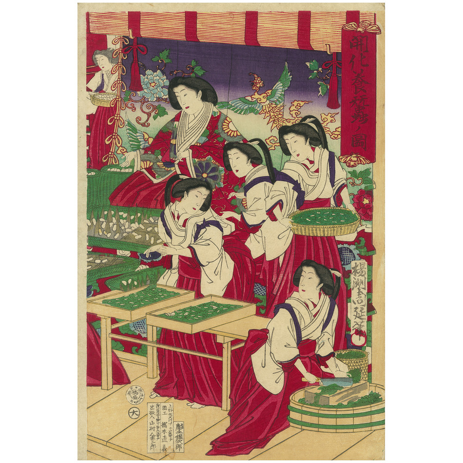 Original Kunisada Signed Woodblock Print Harvesting Silkworms