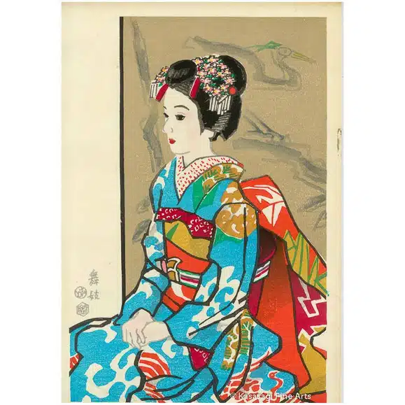 An original woodblock print by Eiichi Kotozuka titled Maiko.  An apprentice Geisha wearing a colourful kimono and traditional hair ornaments.  Engraved and printed by Uchida Woodblock Printing Company in the 1950s with the Uchida seal and the seal of Kotozuka. There is some foxing which can be seen in the images. Approximate Sheet Dimensions are 44 cm height and 29.5 cm width Shipping is via Australia Post and includes tracking and signature on delivery. Please note we do not accept returns. Please review our images to ensure you are happy with this item prior to purchasing.