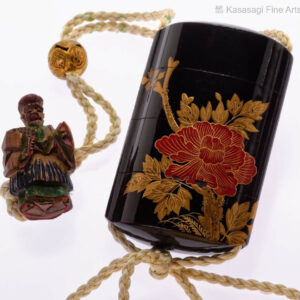 Antique Peony And Black Lacquer Inro