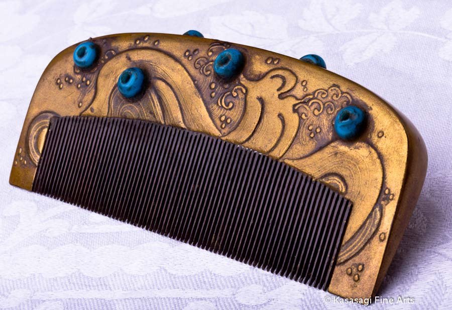Antique Kanzashi Comb Gold Lacquer And Turquoise Glass