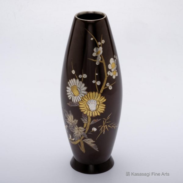 Bronze Gold And Silver Blossoms Vase Signed Shugetsu