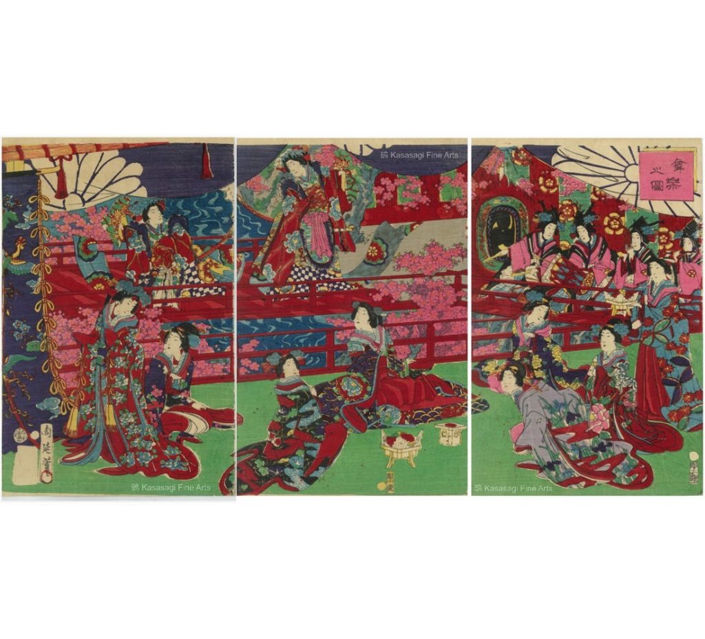 Original Kunichika Triptych Imperial Court Scene