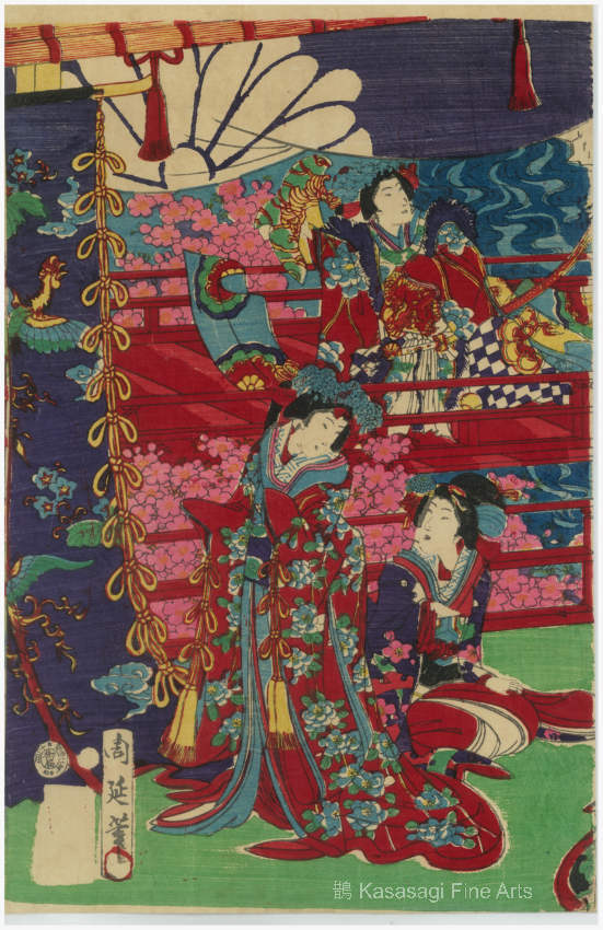 Original Kunichika Triptych Imperial Court Scene
