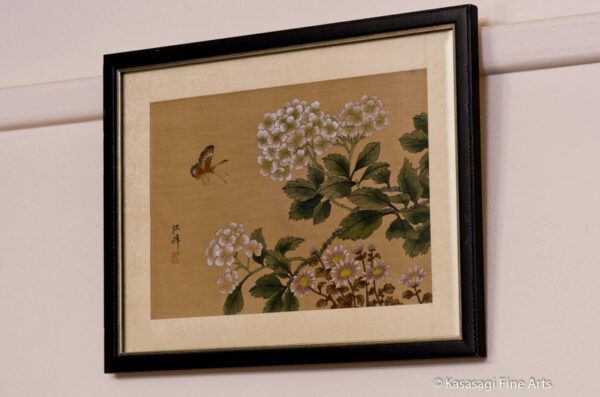 Framed Japanese Silk Painting Butterfly And Hydrangeas