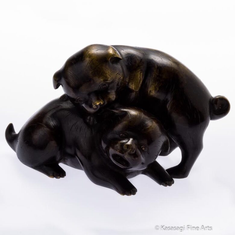 Antique Pair of Bronze Akita Puppies At Play