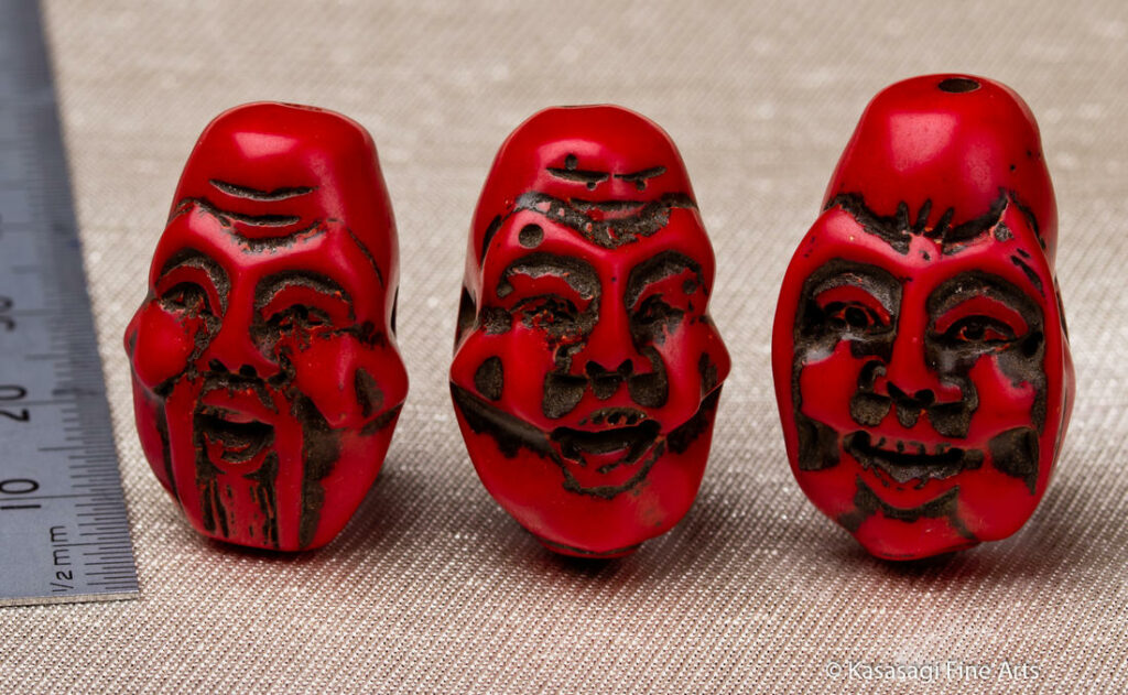 Red Coral Ojime Hand Carved Three Deities