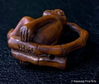 Antique Signed Netsuke Monkey with Black Coral Eyes