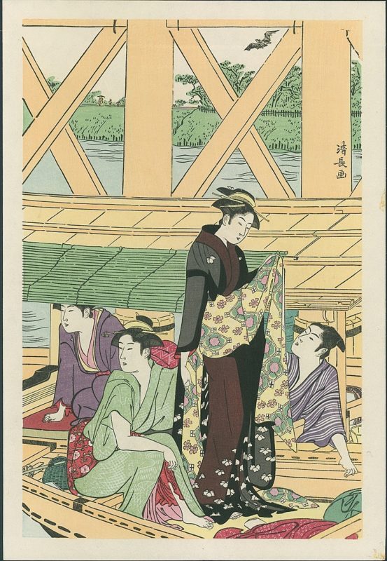Kiyonaga Triptych Boating Party Under Azuma Bridge