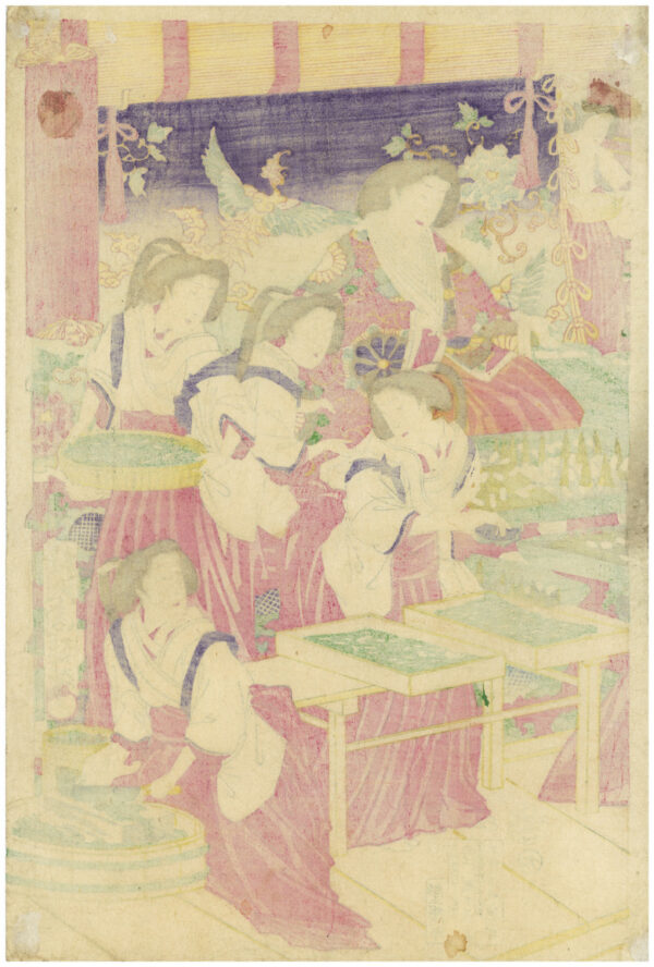 Original Kunisada Signed Woodblock Print Harvesting Silkworms