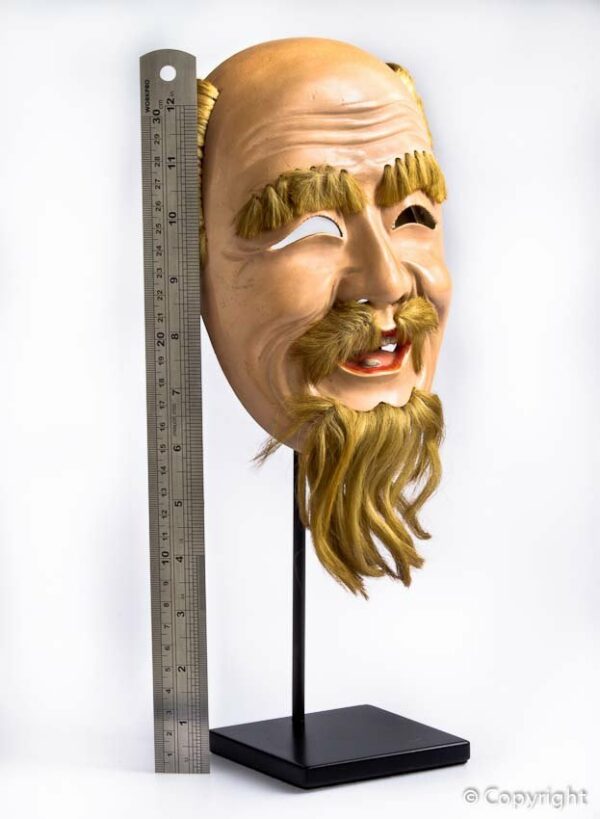 Signed Kyogen Nobori-hige Mask on Custom Stand
