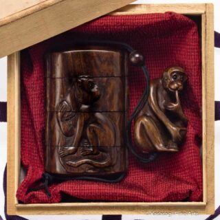 Signed Three Case Cherry Wood Monkey Inro