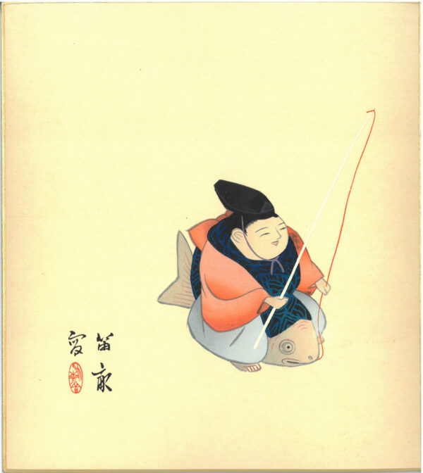TEKIHO WOODBLOCK ART PANEL GOSHTekiho Art Panel Woodblock Print Doll Riding A FishO DOLL FISHERMAN