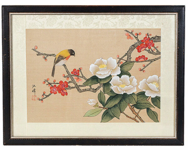 1940s Framed Painting Honeyeater And Camellia