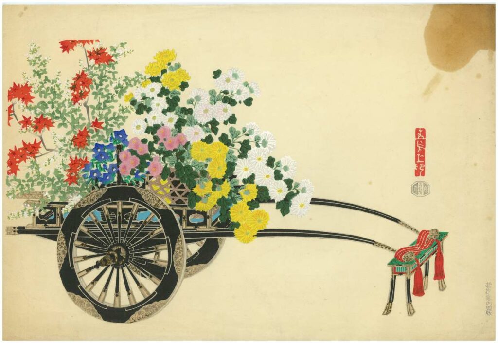 Original Kin-u Takeshita Flower Cart In Autumn Woodblock Print