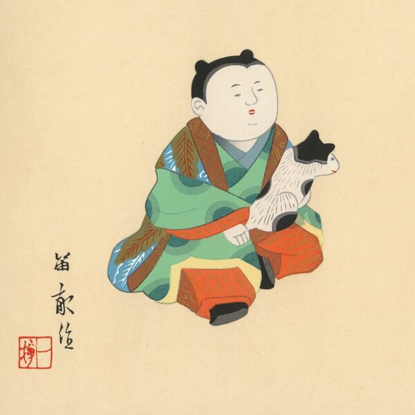Tekiho Art Panel Woodblock Print Gosho Doll And Cat