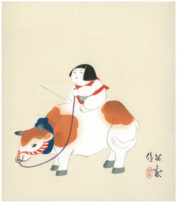 TEKIHO WOODBLOCK ART PANEL GOSHO DOLL AND COW