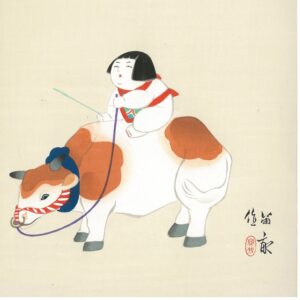 Tekiho Art Panel Woodblock Print Gosho Doll And Cow