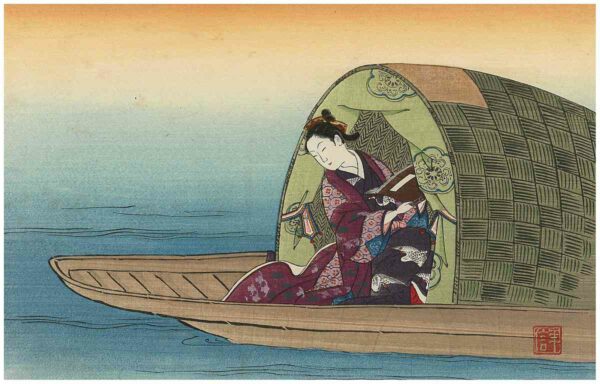 Toshinobu Woodblock Print Woman on Houseboat