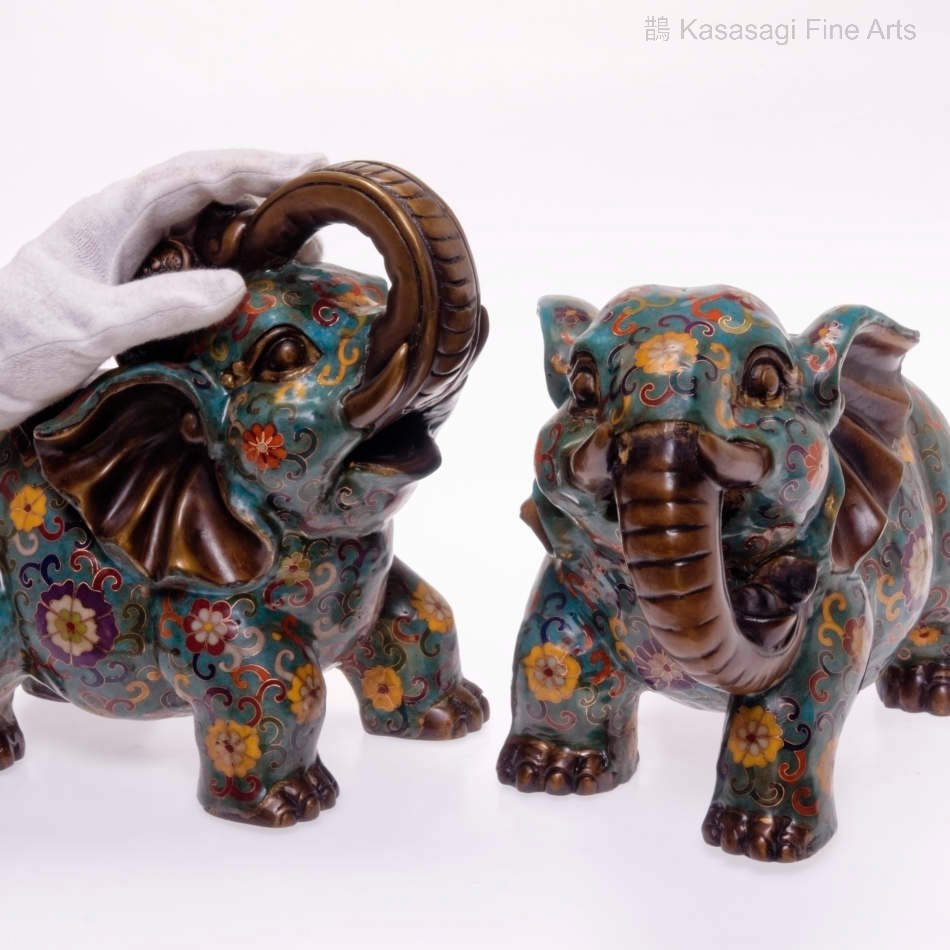 Large Qing Dynasty Pair Of Bronze Cloisonne Taiping Elephants