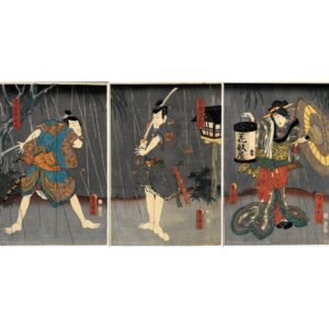 Original 1858 Kunisada Woodblock Triptych Sayaate