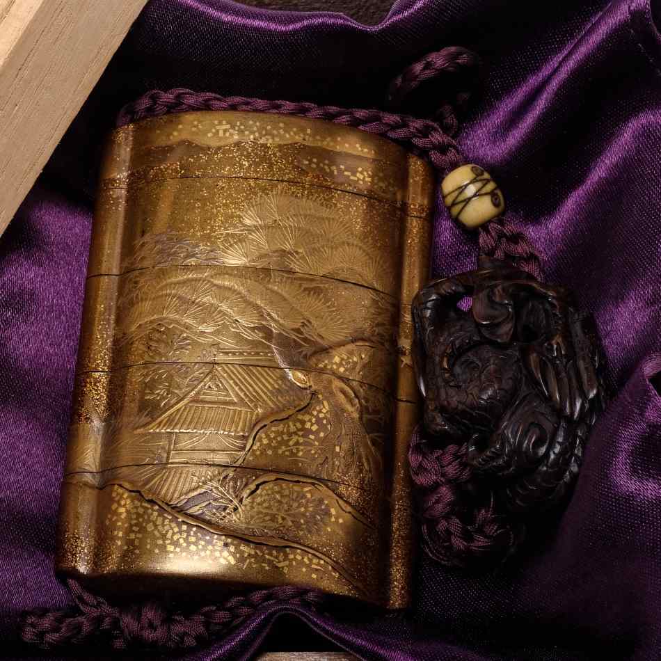 Antique Gold Inro And Dragon Netsuke