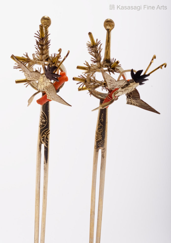Antique Kanzashi Pair With Cranes And Coral