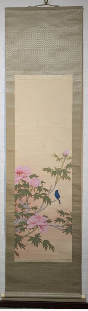 Antique Scroll by Tsurukawa Peonies And Bluebird