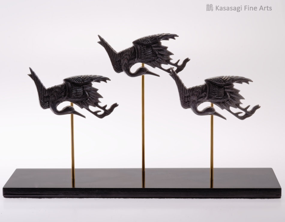 Three Bronze Kugikakushi Cranes On Custom Stand